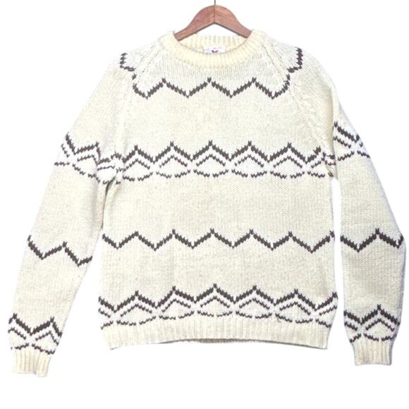 Golden Warrior Vintage Acrylic Zig Zag Fair Isle Cream Brown Sweater Men Medium - Picture 7 of 7